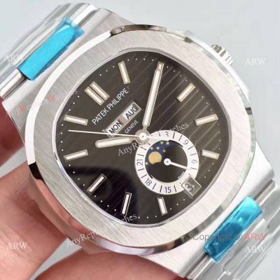 Swiss Grade Fake Patek Philippe Nautilus Watch Stainless Steel Black day date Moonphase